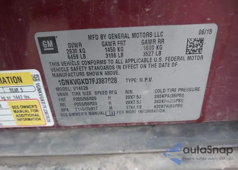 2015 Chevrolet Traverse 1Lt из США, поврежденный, VIN 1GNKVGKD7FJ387028